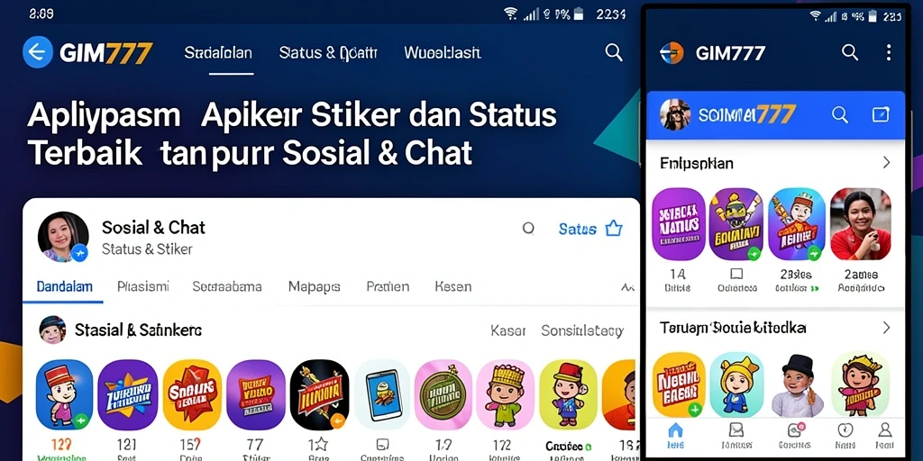 Antarmuka GIM777 menampilkan berbagai pilihan stiker dan status yang menarik.