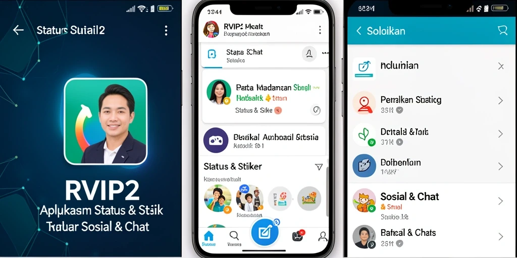 Antarmuka aplikasi RVIP2 dengan beragam stiker dan status.